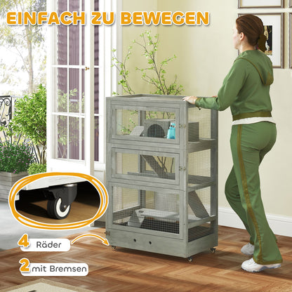 Hamster Cage Made of Wood, 65 x 45 x 109 cm Rodent Cage with Houses, Seesaw, Platform, Feeding Bowls, 4-Story Small Animal Cage with Lock, Ramps, Wheels, for Dwarf Hamsters Gray