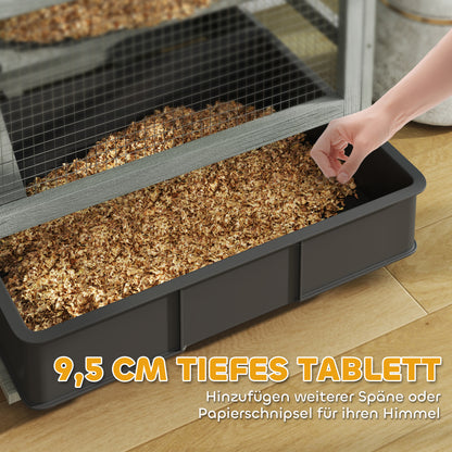 Hamster Cage Made of Wood, 65 x 45 x 109 cm Rodent Cage with Houses, Seesaw, Platform, Feeding Bowls, 4-Story Small Animal Cage with Lock, Ramps, Wheels, for Dwarf Hamsters Gray