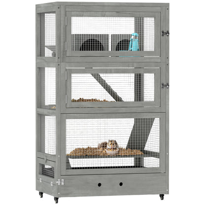 Hamster Cage Made of Wood, 65 x 45 x 109 cm Rodent Cage with Houses, Seesaw, Platform, Feeding Bowls, 4-Story Small Animal Cage with Lock, Ramps, Wheels, for Dwarf Hamsters Gray