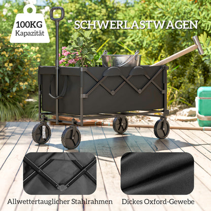 Garden Cart 100 kg Load Foldable Extended Transport Wagon with Removable Tarpaulin Handle Wheels Cart Handcart Garden Cart 160 Litres Tool Cart for Home, Garden Black