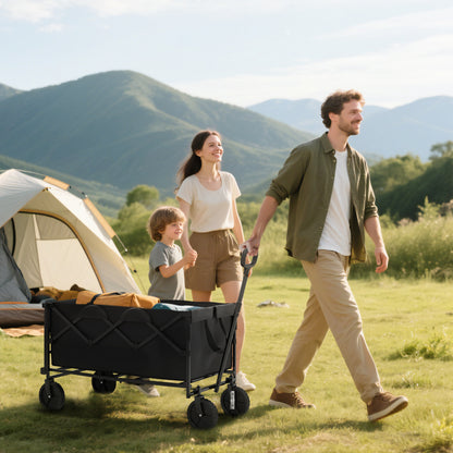 Garden Cart 100 kg Load Foldable Extended Transport Wagon with Removable Tarpaulin Handle Wheels Cart Handcart Garden Cart 160 Litres Tool Cart for Home, Garden Black