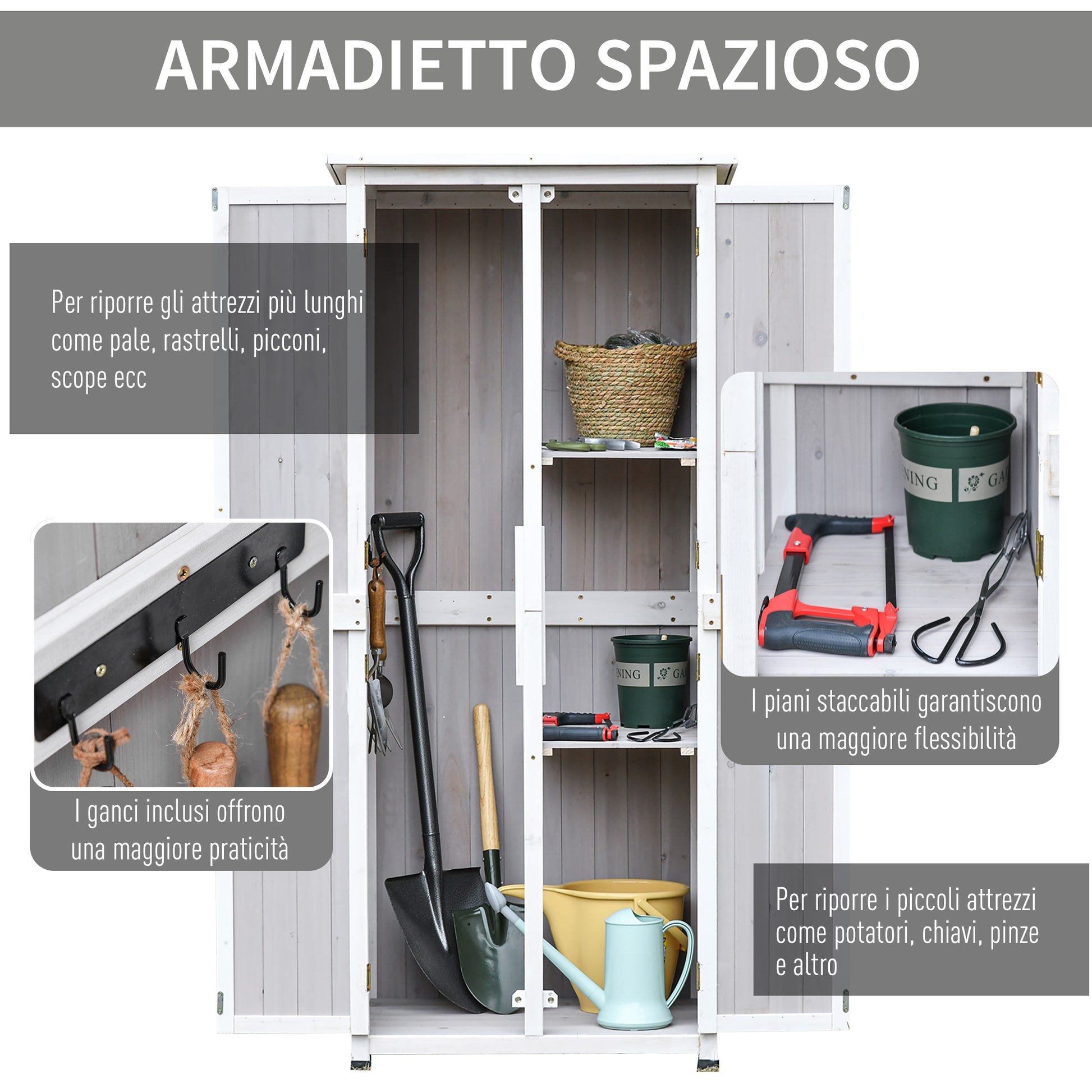 3-Tier Wooden Garden Tool Shed with Bitumen Roof and Hooks, 77x58x175 cm, Grey