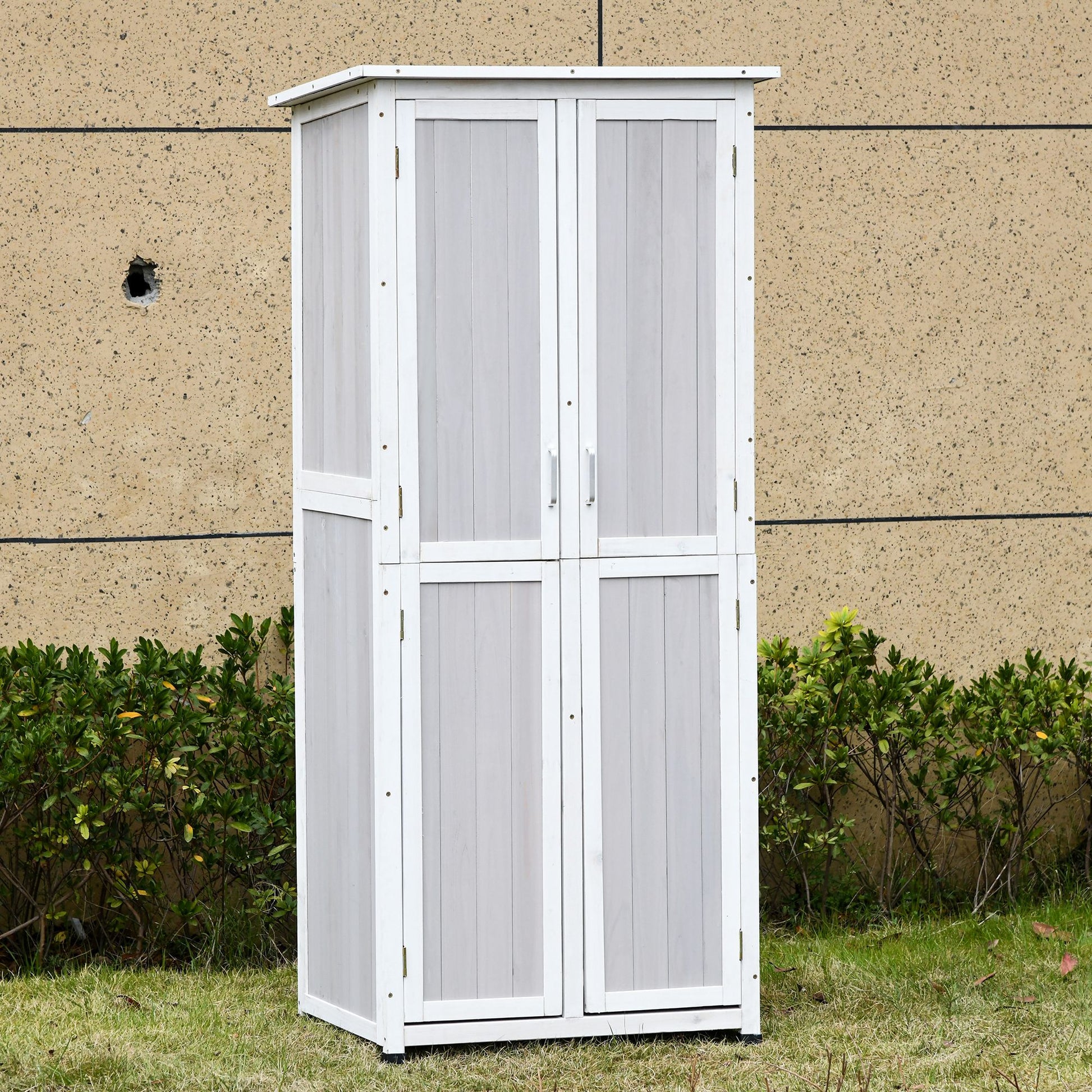 3-Tier Wooden Garden Tool Shed with Bitumen Roof and Hooks, 77x58x175 cm, Grey