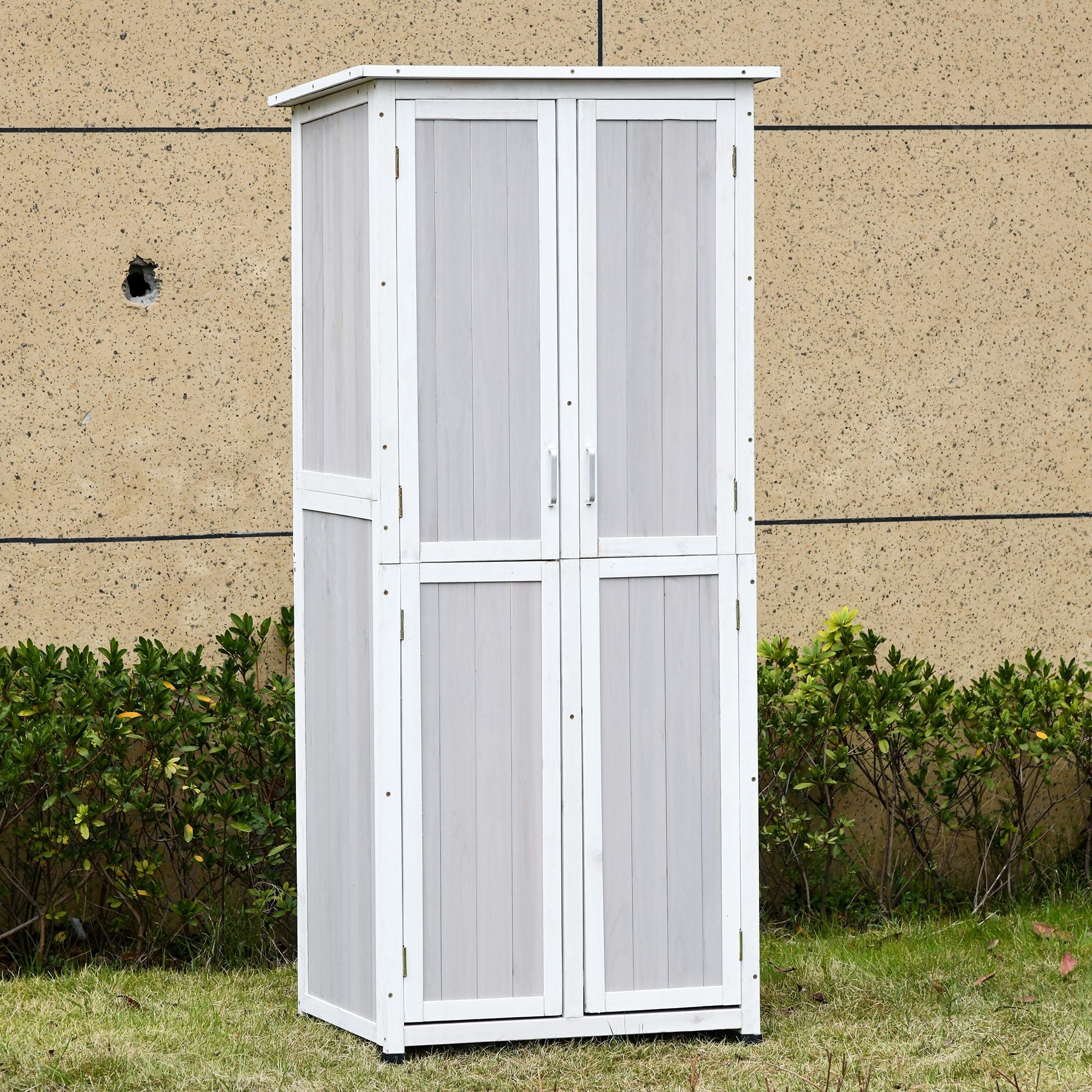 3-Tier Wooden Garden Tool Shed with Bitumen Roof and Hooks, 77x58x175 cm, Grey