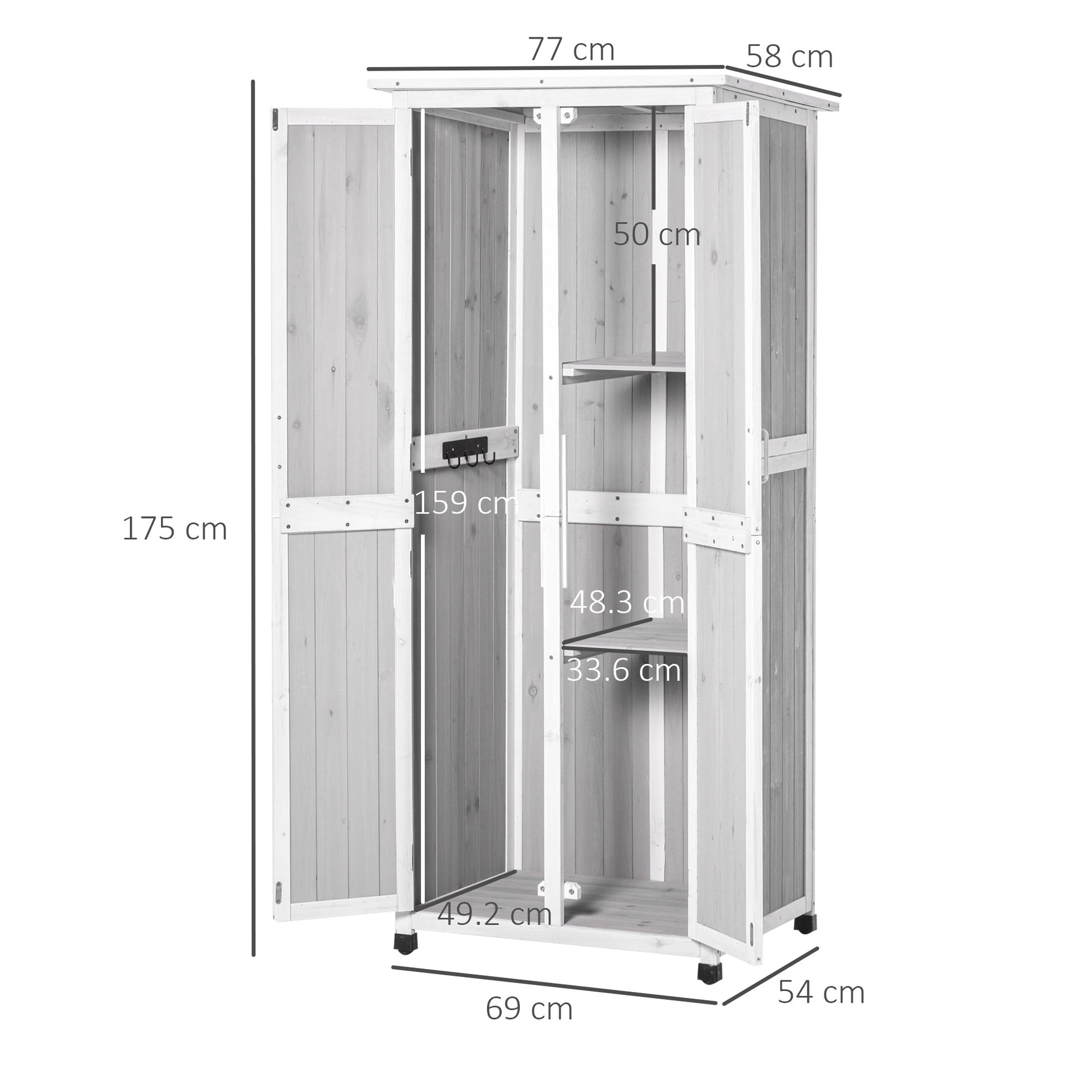 3-Tier Wooden Garden Tool Shed with Bitumen Roof and Hooks, 77x58x175 cm, Grey