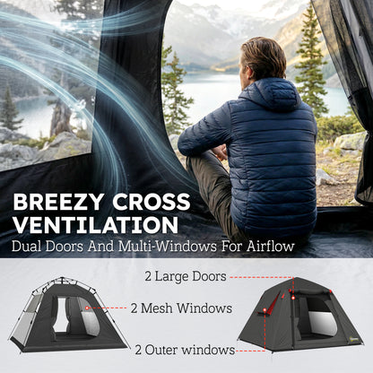 2-Person Camping Tent, 3000 mm Waterproof & Windproof Dome with 2 Doors, 2 Mesh Windows, 2 Side Windows, Carry Bag & Lantern Hook – Camping/Trekking/Travel