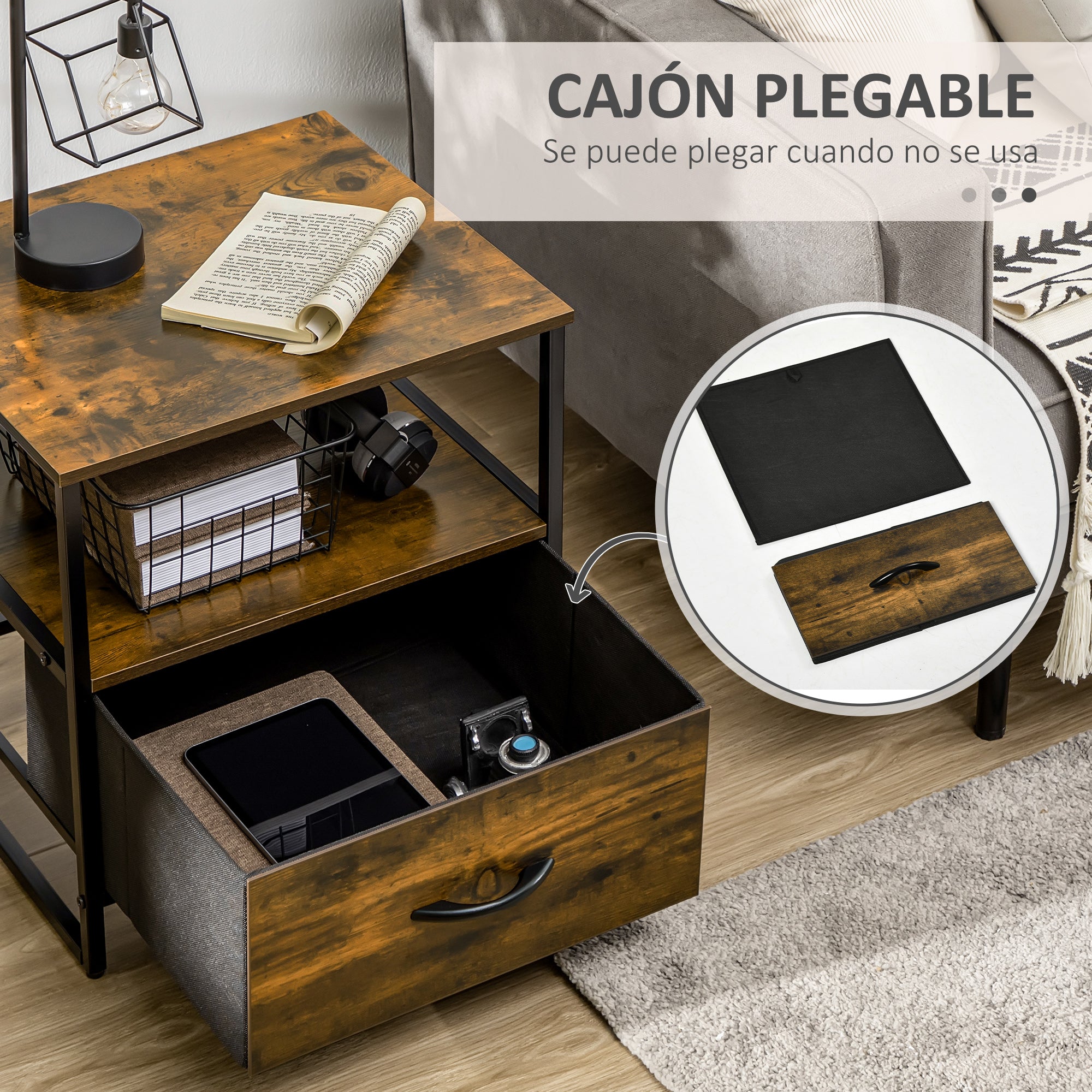 Fabric Drawer Organizer Dresser with Foldable Drawer Open Shelf and Steel Frame Industrial Style for Living Room Entryway Bedroom 45x40x50.5 cm Rustic Brown