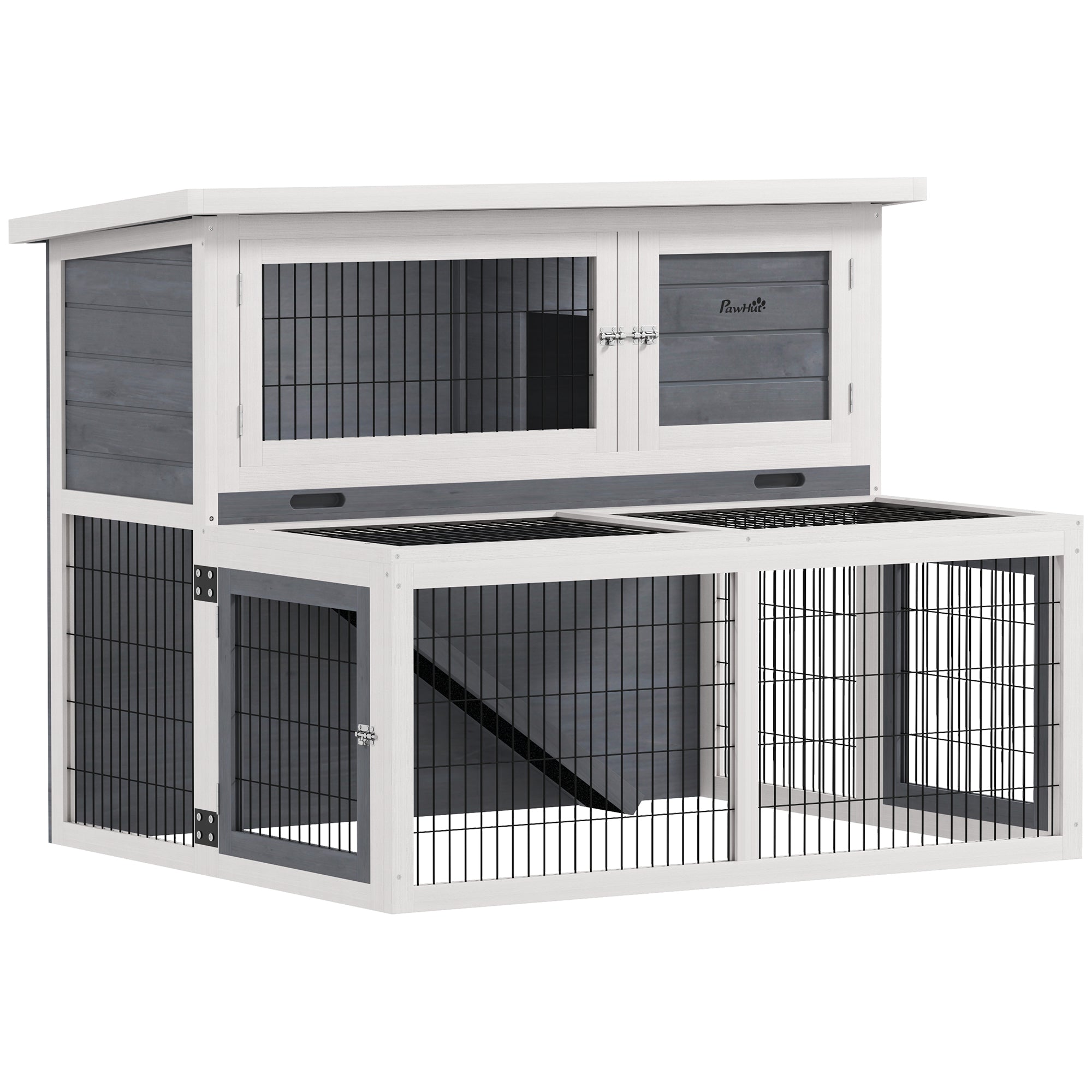 Outdoor and Indoor Rabbit Hutch, 2-Tier Rabbit Cage for 2-3 Rabbits with Removable Tray, Open Area and Openable Roof, in Spruce Wood, 122x95x93.5 cm, Gray