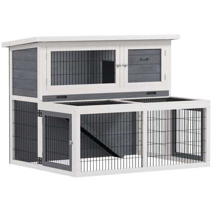 Outdoor and Indoor Rabbit Hutch, 2-Tier Rabbit Cage for 2-3 Rabbits with Removable Tray, Open Area and Openable Roof, in Spruce Wood, 122x95x93.5 cm, Gray