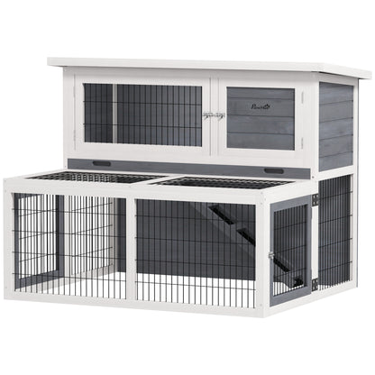 Outdoor and Indoor Rabbit Hutch, 2-Tier Rabbit Cage for 2-3 Rabbits with Removable Tray, Open Area and Openable Roof, in Spruce Wood, 122x95x93.5 cm, Gray