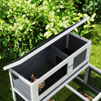Outdoor and Indoor Rabbit Hutch, 2-Tier Rabbit Cage for 2-3 Rabbits with Removable Tray, Open Area and Openable Roof, in Spruce Wood, 122x95x93.5 cm, Gray