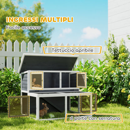 Outdoor and Indoor Rabbit Hutch, 2-Tier Rabbit Cage for 2-3 Rabbits with Removable Tray, Open Area and Openable Roof, in Spruce Wood, 122x95x93.5 cm, Gray