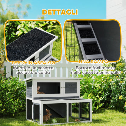 Outdoor and Indoor Rabbit Hutch, 2-Tier Rabbit Cage for 2-3 Rabbits with Removable Tray, Open Area and Openable Roof, in Spruce Wood, 122x95x93.5 cm, Gray
