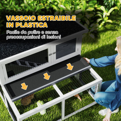 Outdoor and Indoor Rabbit Hutch, 2-Tier Rabbit Cage for 2-3 Rabbits with Removable Tray, Open Area and Openable Roof, in Spruce Wood, 122x95x93.5 cm, Gray