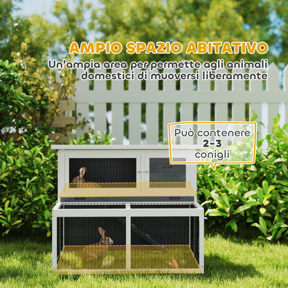 Outdoor and Indoor Rabbit Hutch, 2-Tier Rabbit Cage for 2-3 Rabbits with Removable Tray, Open Area and Openable Roof, in Spruce Wood, 122x95x93.5 cm, Gray