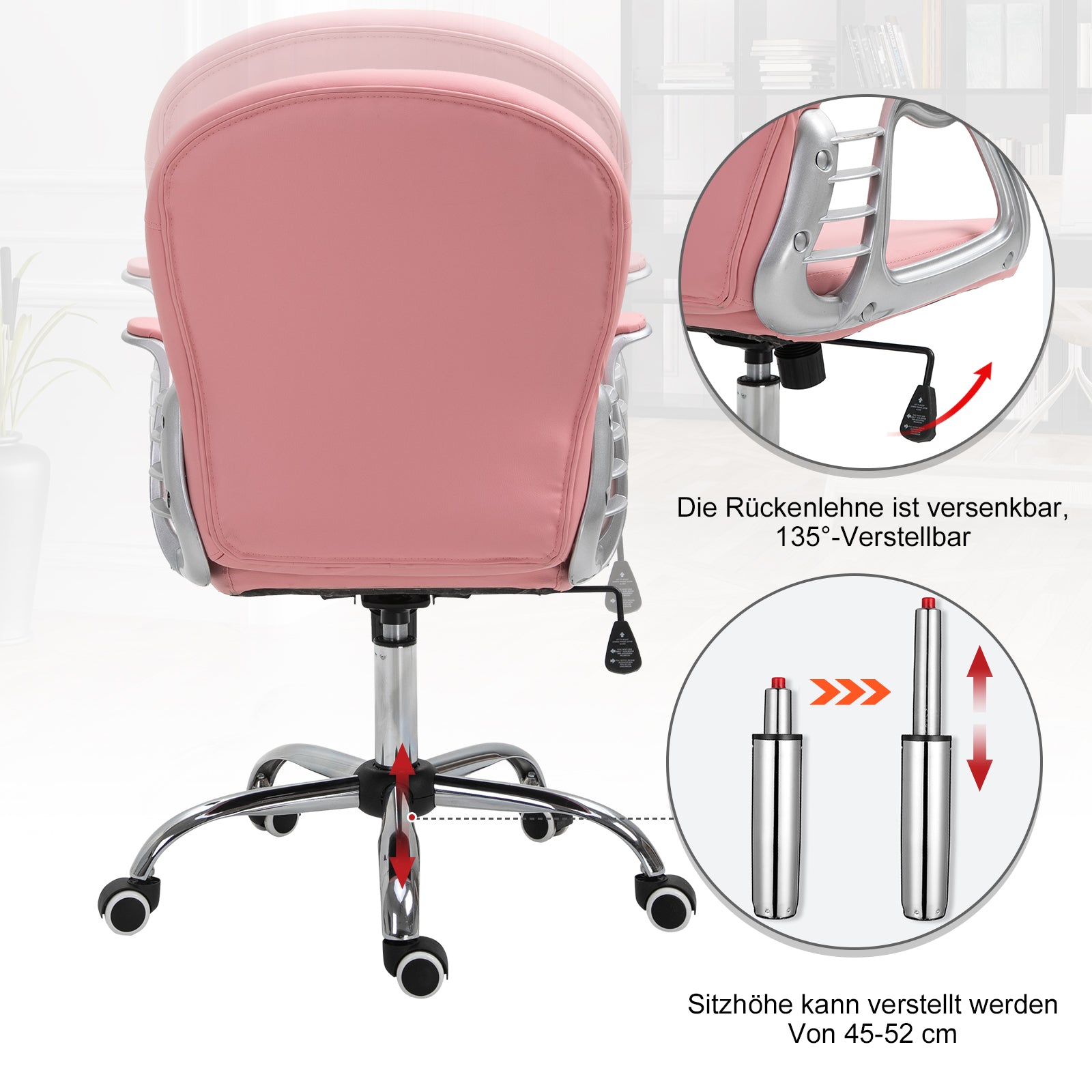 Office Chair, Ergonomic Desk Chair with Armrest, Padded Backrest, Height Adjustable Computer Chair with Faux Leather, Swivel Chair for Home Office, Pink