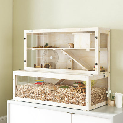 Wooden Hamster Cage, 100 x 50 x 84 cm (39.4 x 19.7 x 33.1 in) – 3-Tier Small Animal Hutch with Viewing Window, Running Wheel, Ramp & House – Natural Wood