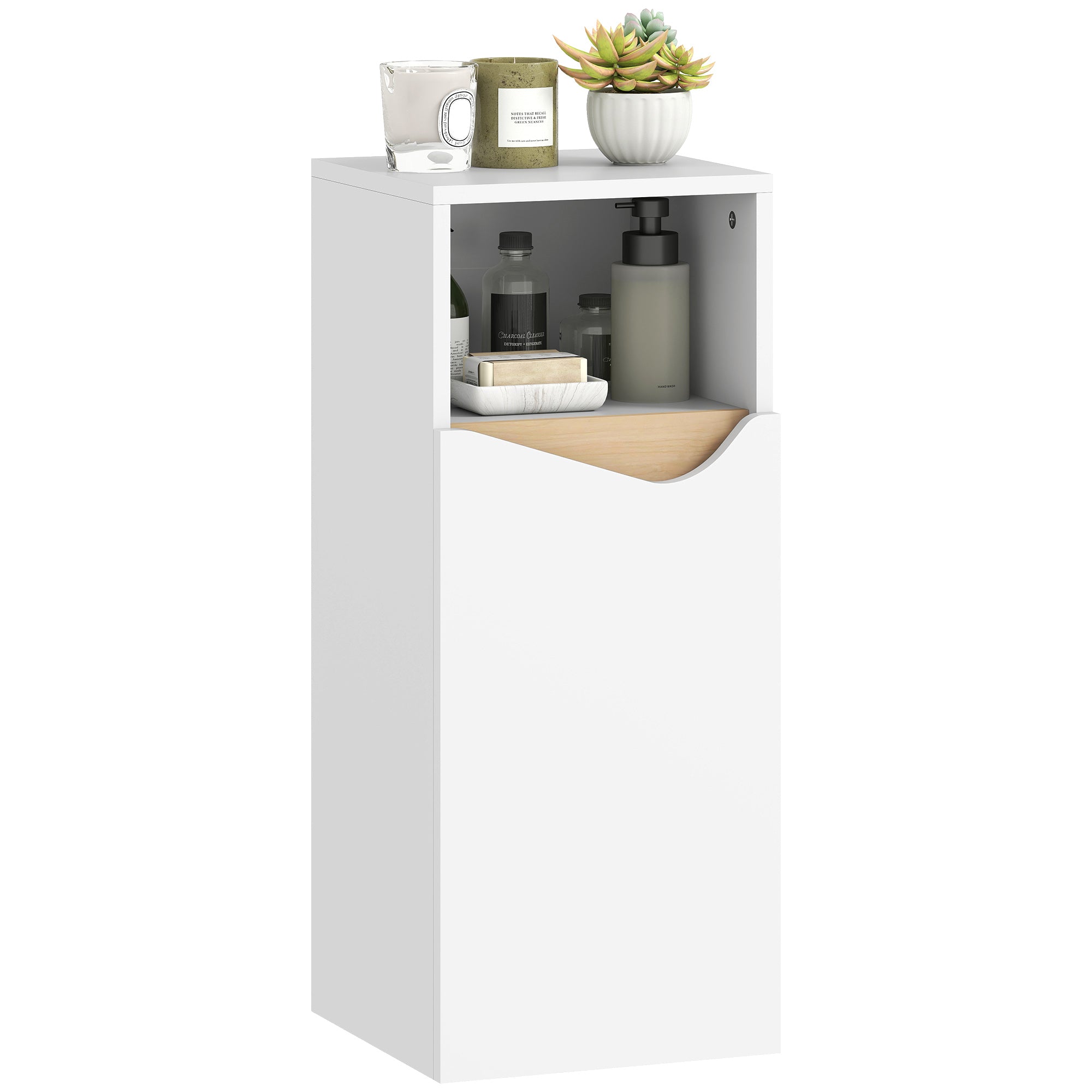 Narrow Bathroom Cabinet with Soft-Close Door & Open Shelf, Space-Saving Storage with Adjustable Shelves, 11.8 x 11.8 x 28.1 in, White & Natural Wood