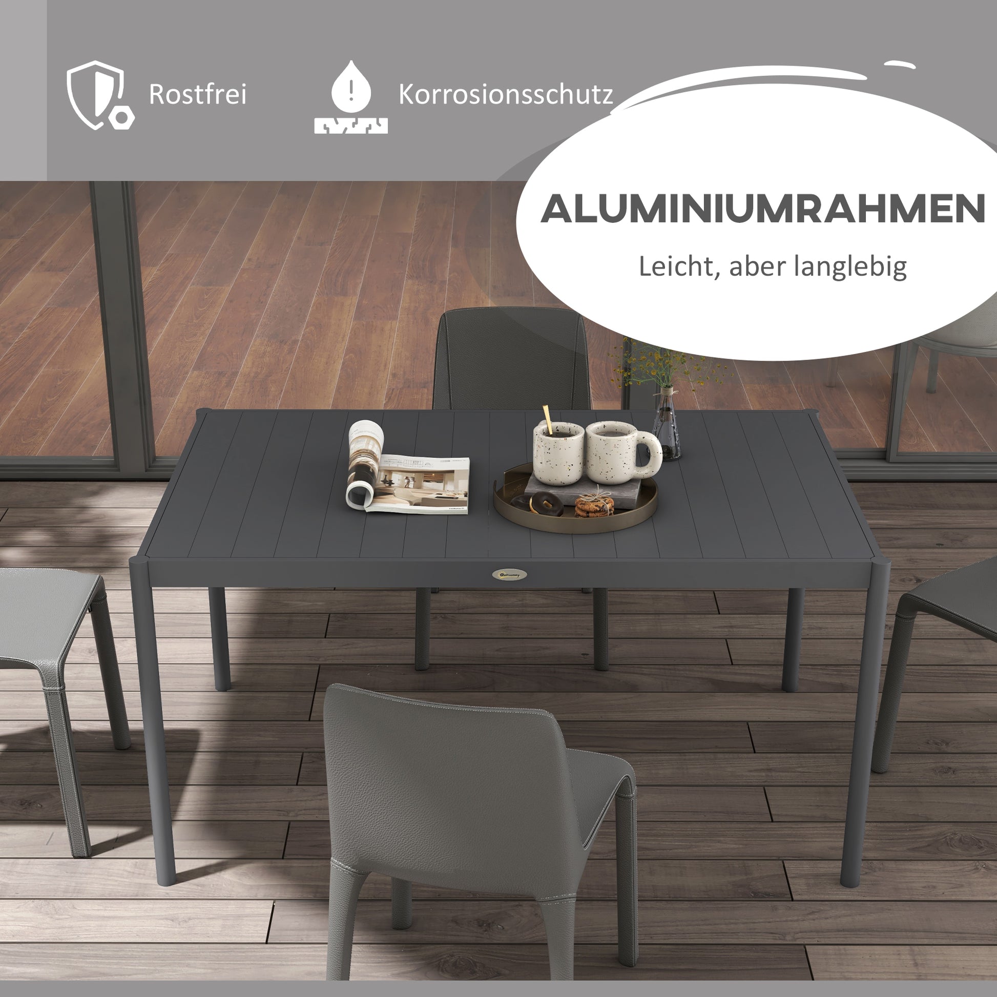 Garden Table, Dining Table for 6 People, Patio Table, Balcony Table in Aluminum, Dark Gray, 145 x 90 x 74 cm
