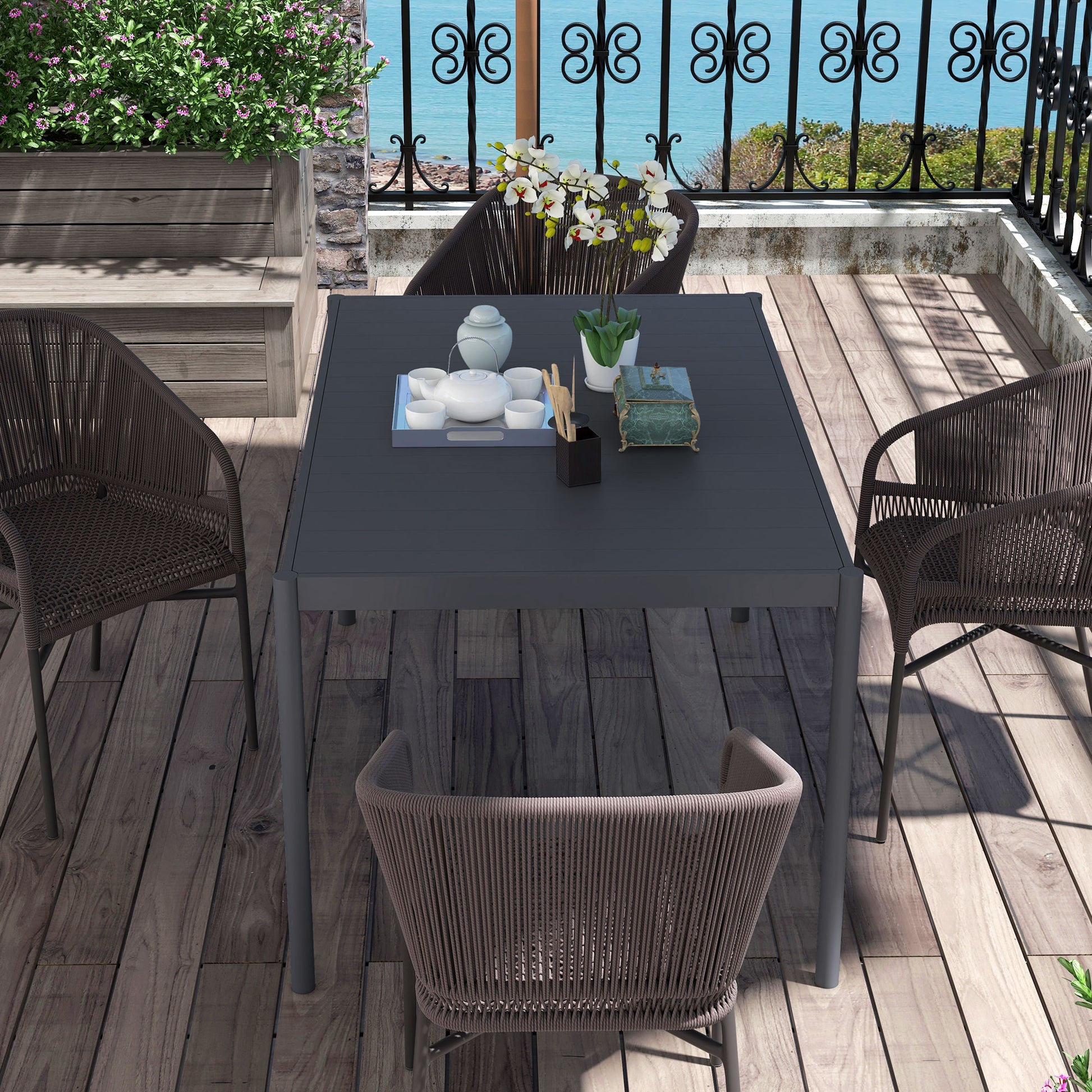 Garden Table, Dining Table for 6 People, Patio Table, Balcony Table in Aluminum, Dark Gray, 145 x 90 x 74 cm