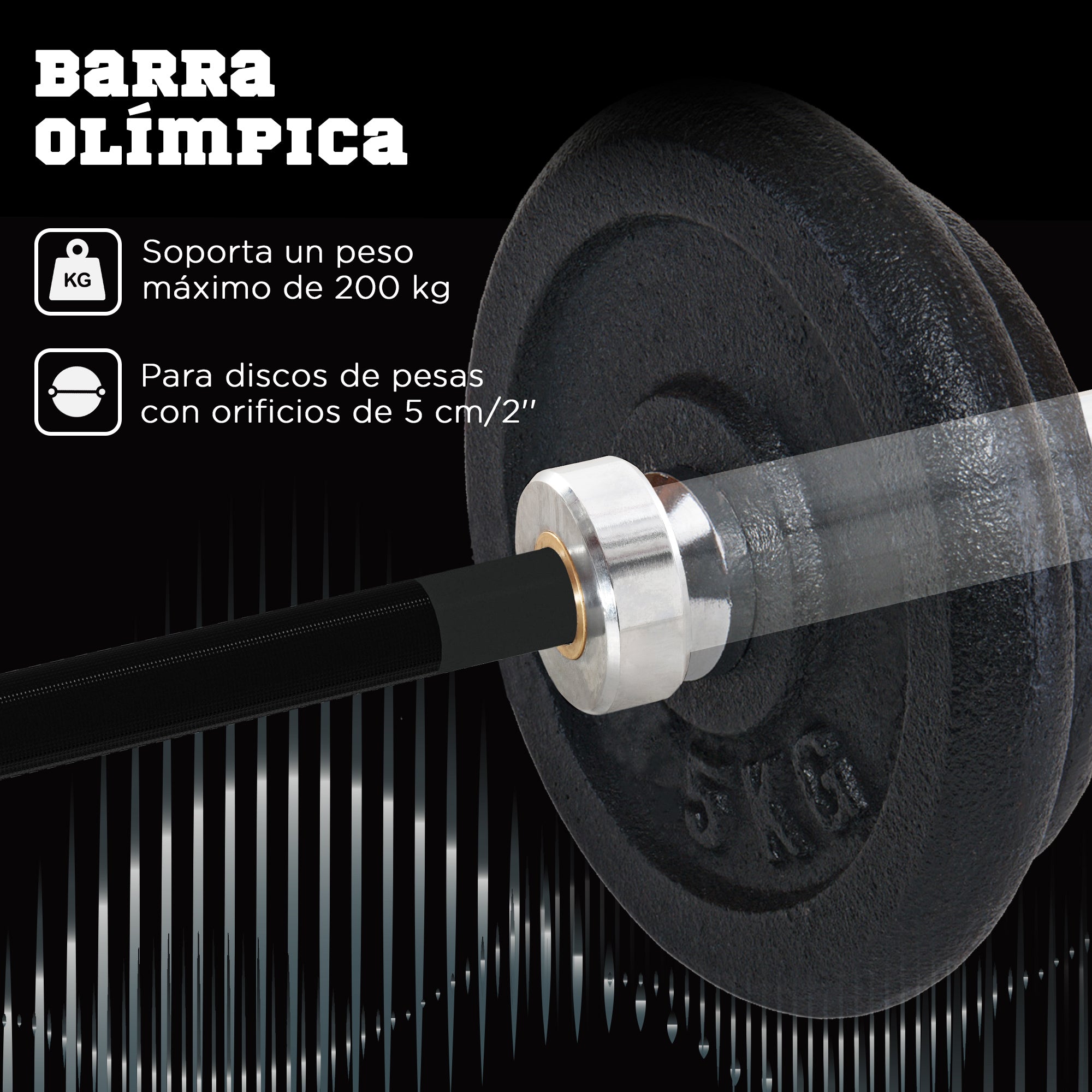 SPORTNOW 180 cm Steel Weight Bar Ø50 mm 15 kg with 2 Collars Load 200 kg Olympic Bar for Ø5 cm Discs Gym Home Training Black