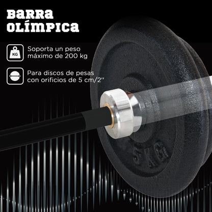 SPORTNOW 180 cm Steel Weight Bar Ø50 mm 15 kg with 2 Collars Load 200 kg Olympic Bar for Ø5 cm Discs Gym Home Training Black