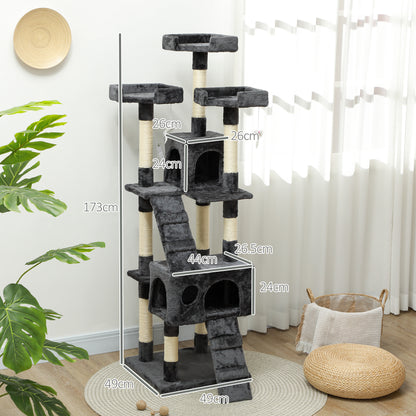 Cat Tree with Cat Cave, XXL Cat Scratching Post Climbing Tree for Cats Multi-Level Activity Center Plush Gray 49 x 49 x 173 cm