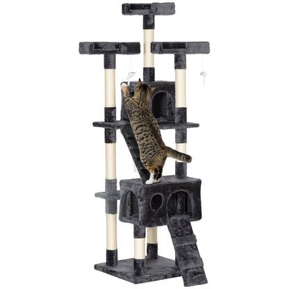Cat Tree with Cat Cave, XXL Cat Scratching Post Climbing Tree for Cats Multi-Level Activity Center Plush Gray 49 x 49 x 173 cm