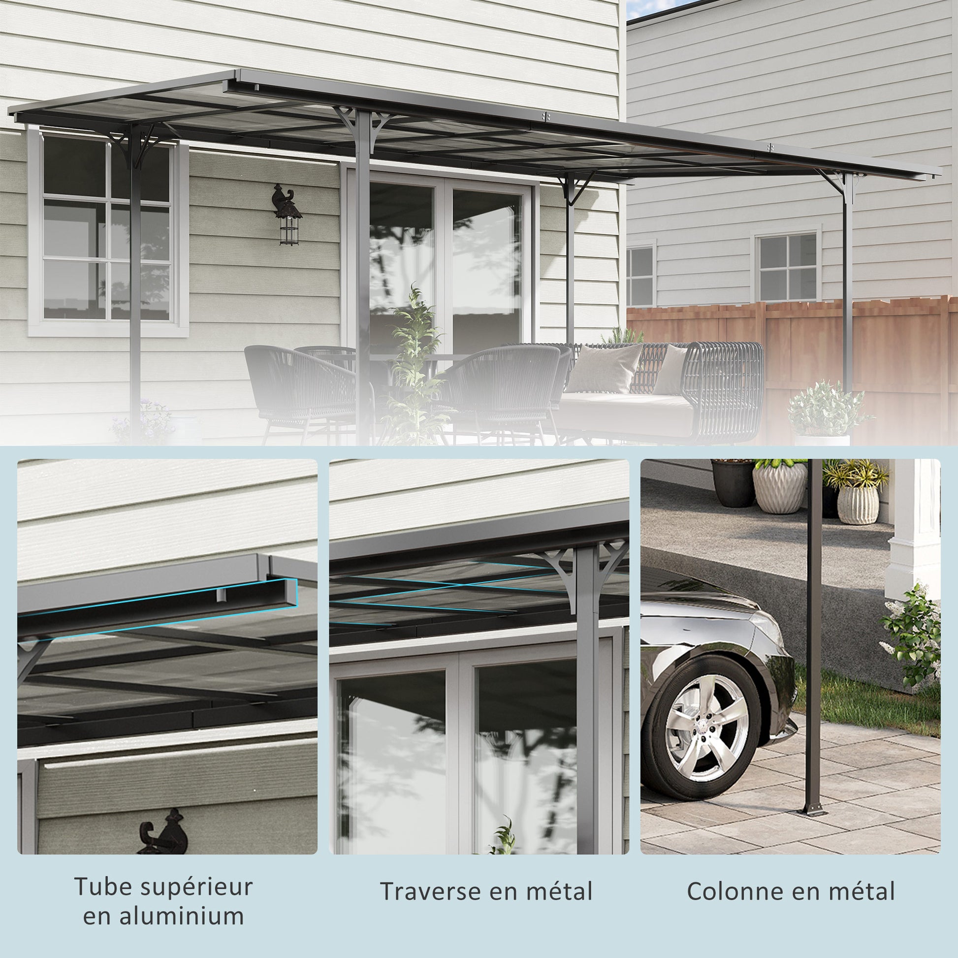Aluminum Polycarbonate Hardtop Pergola 500 x 299 x 195/223 cm Garden Pavilion Carport Gray