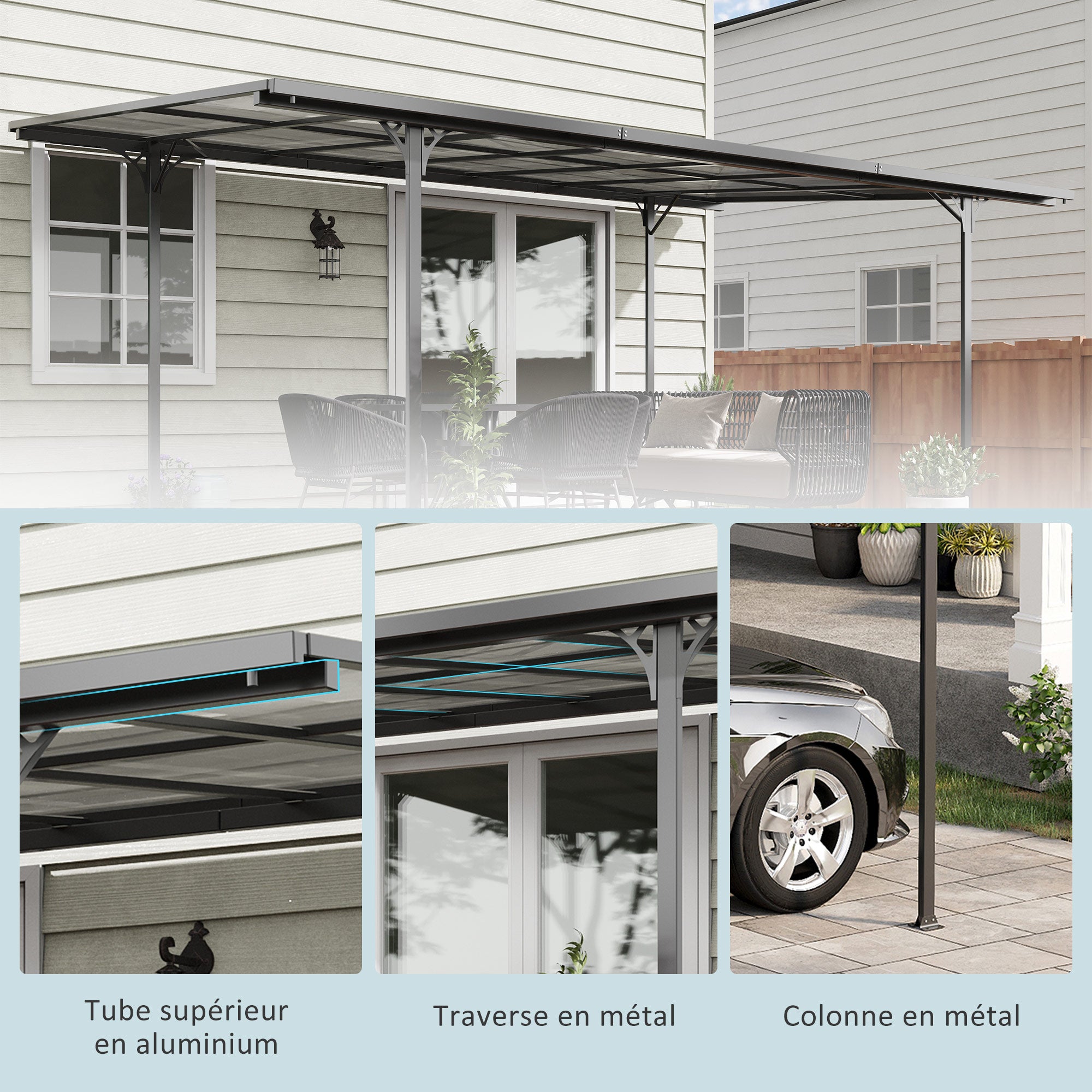 Aluminum Polycarbonate Hardtop Pergola 500 x 299 x 195/223 cm Garden Pavilion Carport Gray