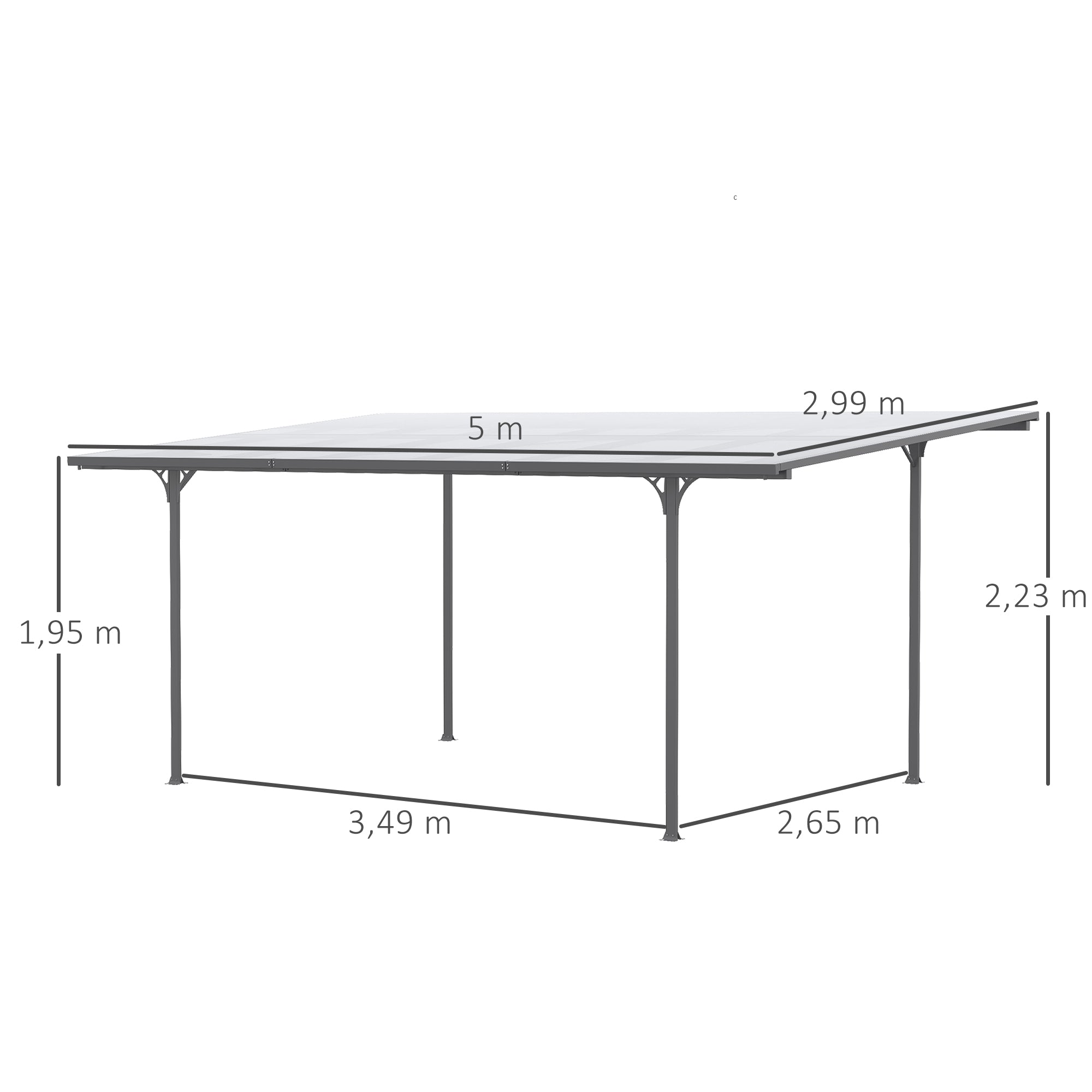 Aluminum Polycarbonate Hardtop Pergola 500 x 299 x 195/223 cm Garden Pavilion Carport Gray