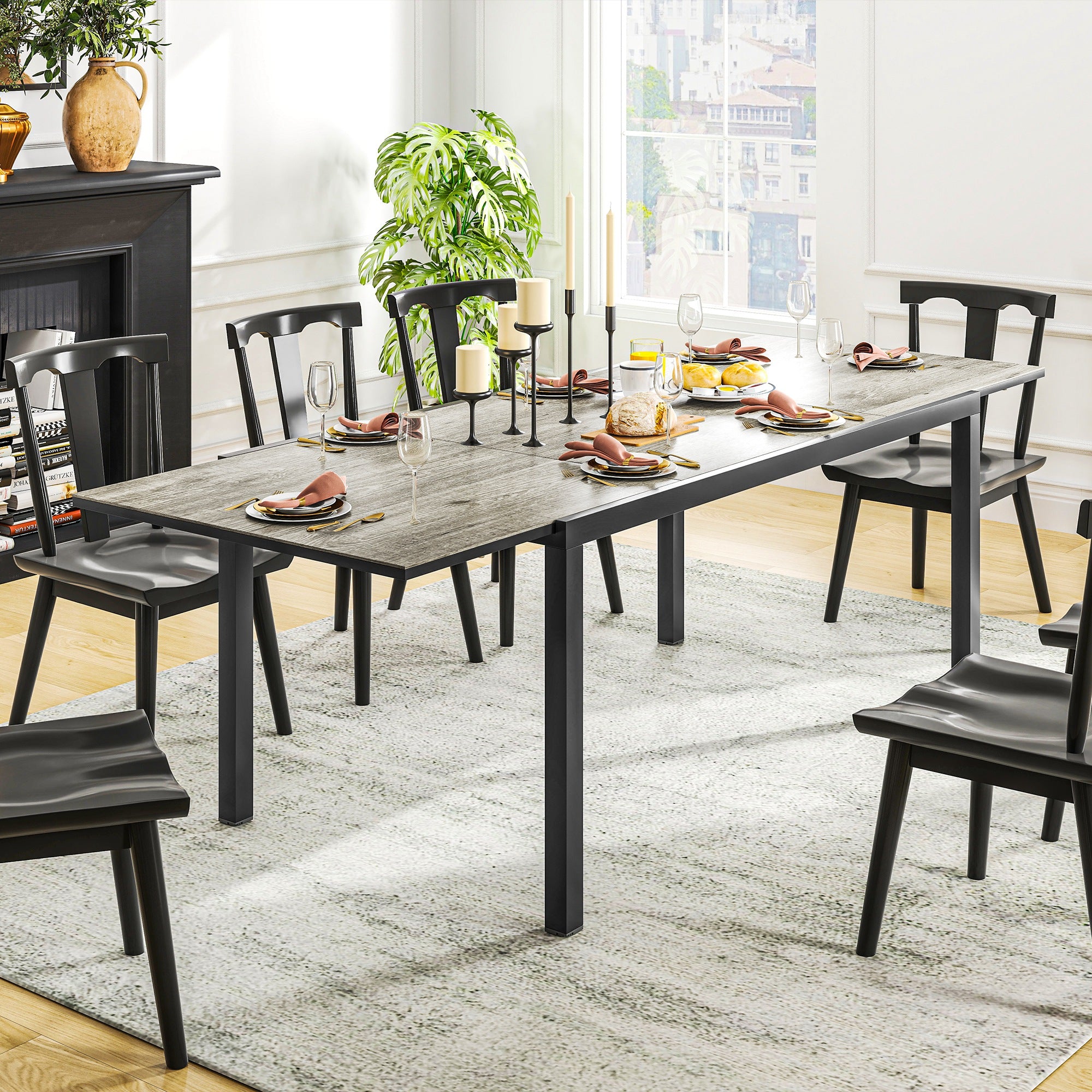 Extendable Garden Table Dining Table for 6-8 People, 160/240 x 90cm Aluminum Balcony Table with Wood Look Weatherproof Patio Table Outdoor Buffet Table for Garden, Terrace Balcony Grey