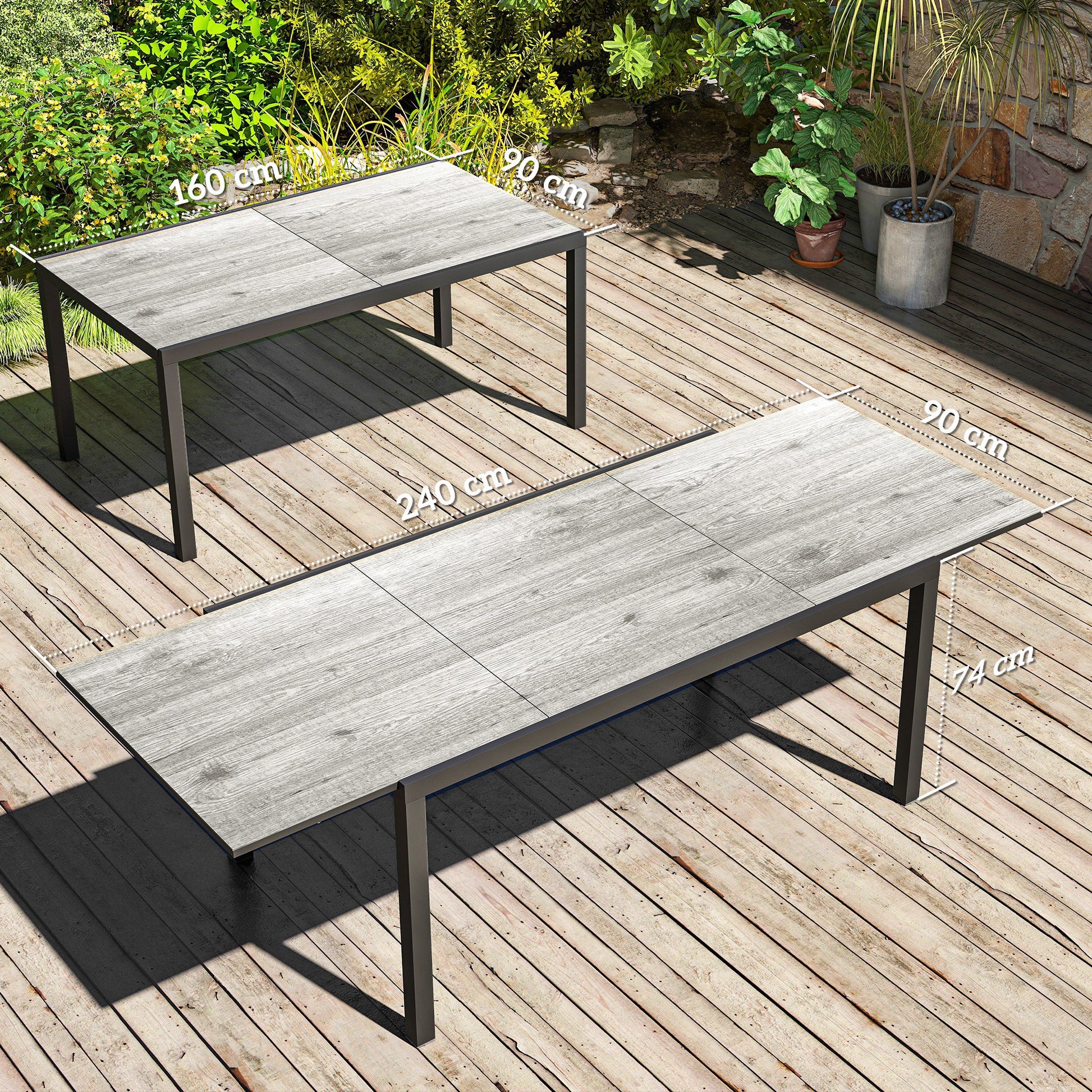 Extendable Garden Table Dining Table for 6-8 People, 160/240 x 90cm Aluminum Balcony Table with Wood Look Weatherproof Patio Table Outdoor Buffet Table for Garden, Terrace Balcony Grey