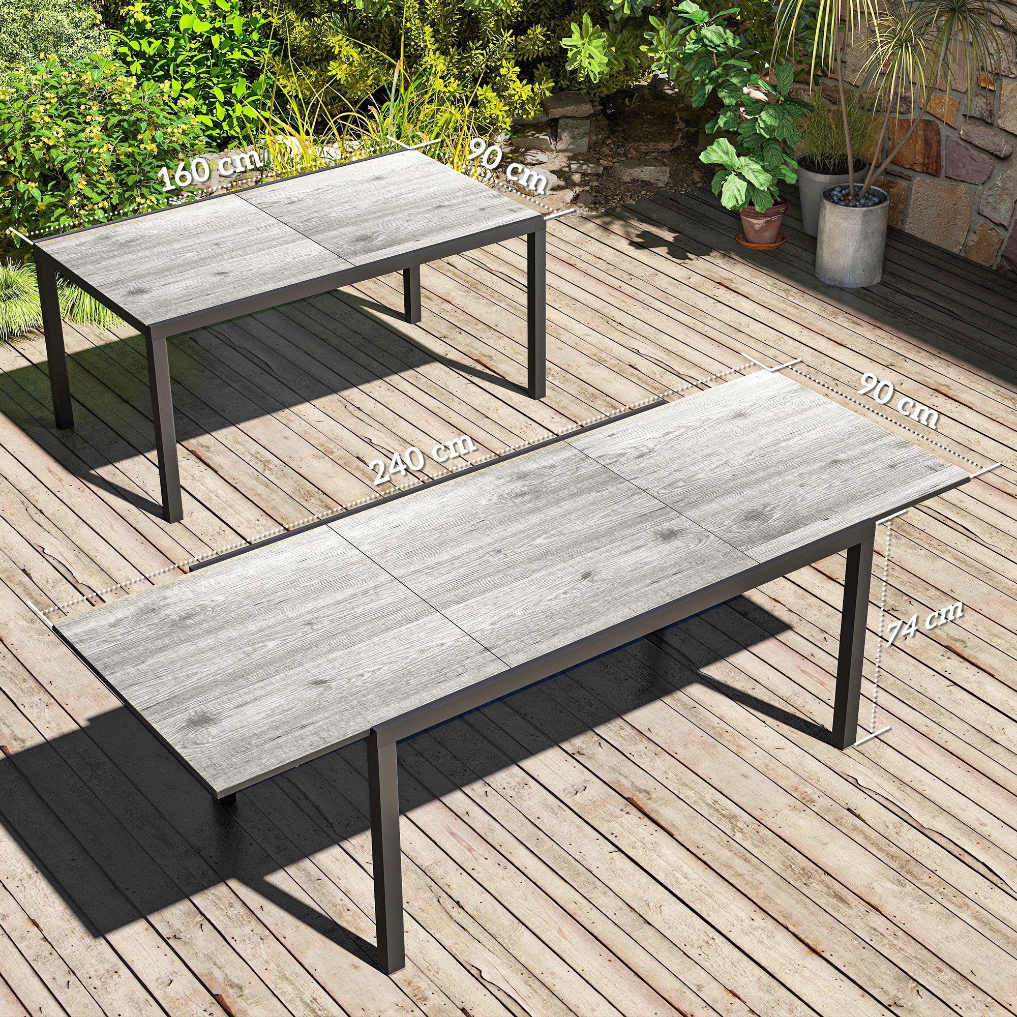 Extendable Garden Table Dining Table for 6-8 People, 160/240 x 90cm Aluminum Balcony Table with Wood Look Weatherproof Patio Table Outdoor Buffet Table for Garden, Terrace Balcony Grey