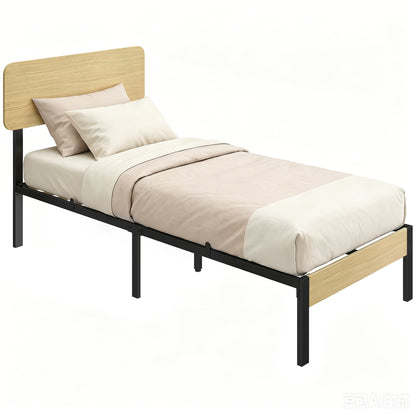 Bed Frame 35.4 x 78.7 in with Headboard & Footboard – Platform Bed with Under-Bed Storage, 14 Slats, Natural Wood Finish