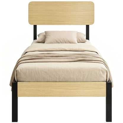 Bed Frame 35.4 x 78.7 in with Headboard & Footboard – Platform Bed with Under-Bed Storage, 14 Slats, Natural Wood Finish