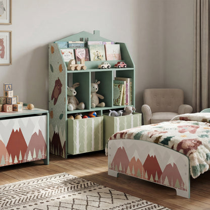 Children's Toy Shelf with Fabric Drawers, Open Shelves & Bear Design, Organizer for Bedroom, Playroom, Nursery — Green
