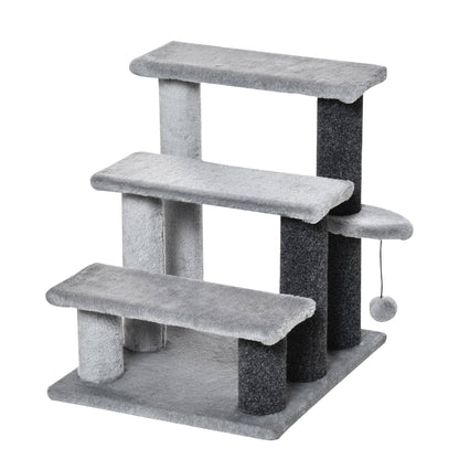 Cat Stairs 3-Step Pet Stairs with Scratching Posts Ball Dog Stairs Animal Stairs for Cats up to 5 kg Plush Jute Gray 45 x 40 x 48 cm