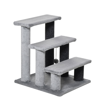 Cat Stairs 3-Step Pet Stairs with Scratching Posts Ball Dog Stairs Animal Stairs for Cats up to 5 kg Plush Jute Gray 45 x 40 x 48 cm
