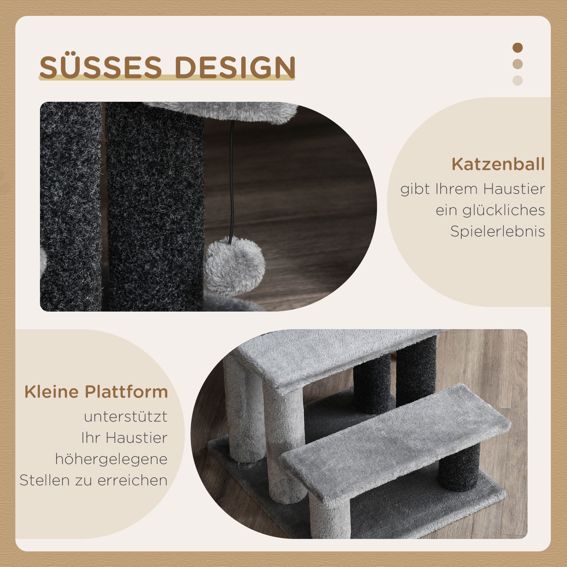 Cat Stairs 3-Step Pet Stairs with Scratching Posts Ball Dog Stairs Animal Stairs for Cats up to 5 kg Plush Jute Gray 45 x 40 x 48 cm