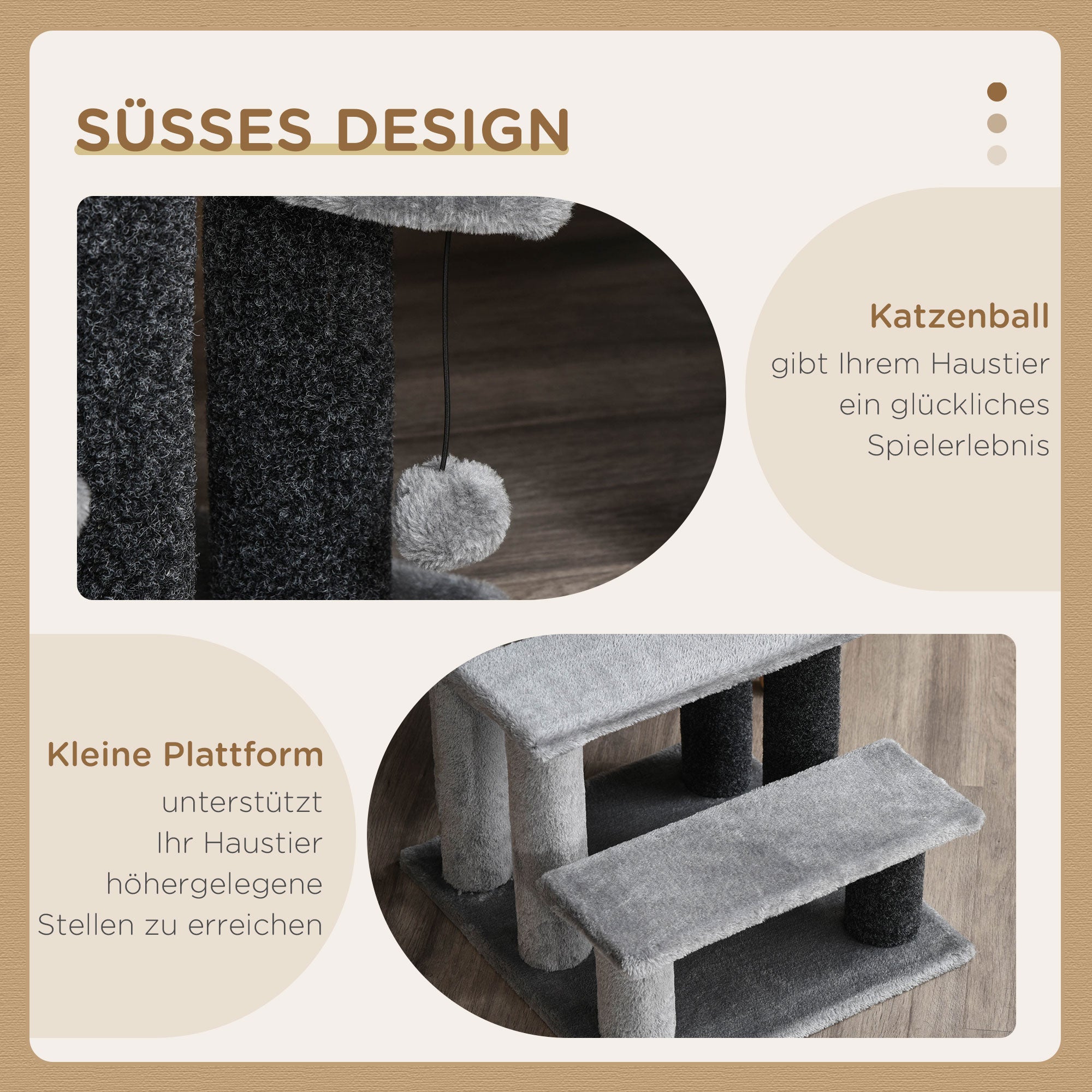 Cat Stairs 3-Step Pet Stairs with Scratching Posts Ball Dog Stairs Animal Stairs for Cats up to 5 kg Plush Jute Gray 45 x 40 x 48 cm