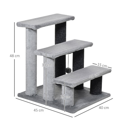 Cat Stairs 3-Step Pet Stairs with Scratching Posts Ball Dog Stairs Animal Stairs for Cats up to 5 kg Plush Jute Gray 45 x 40 x 48 cm