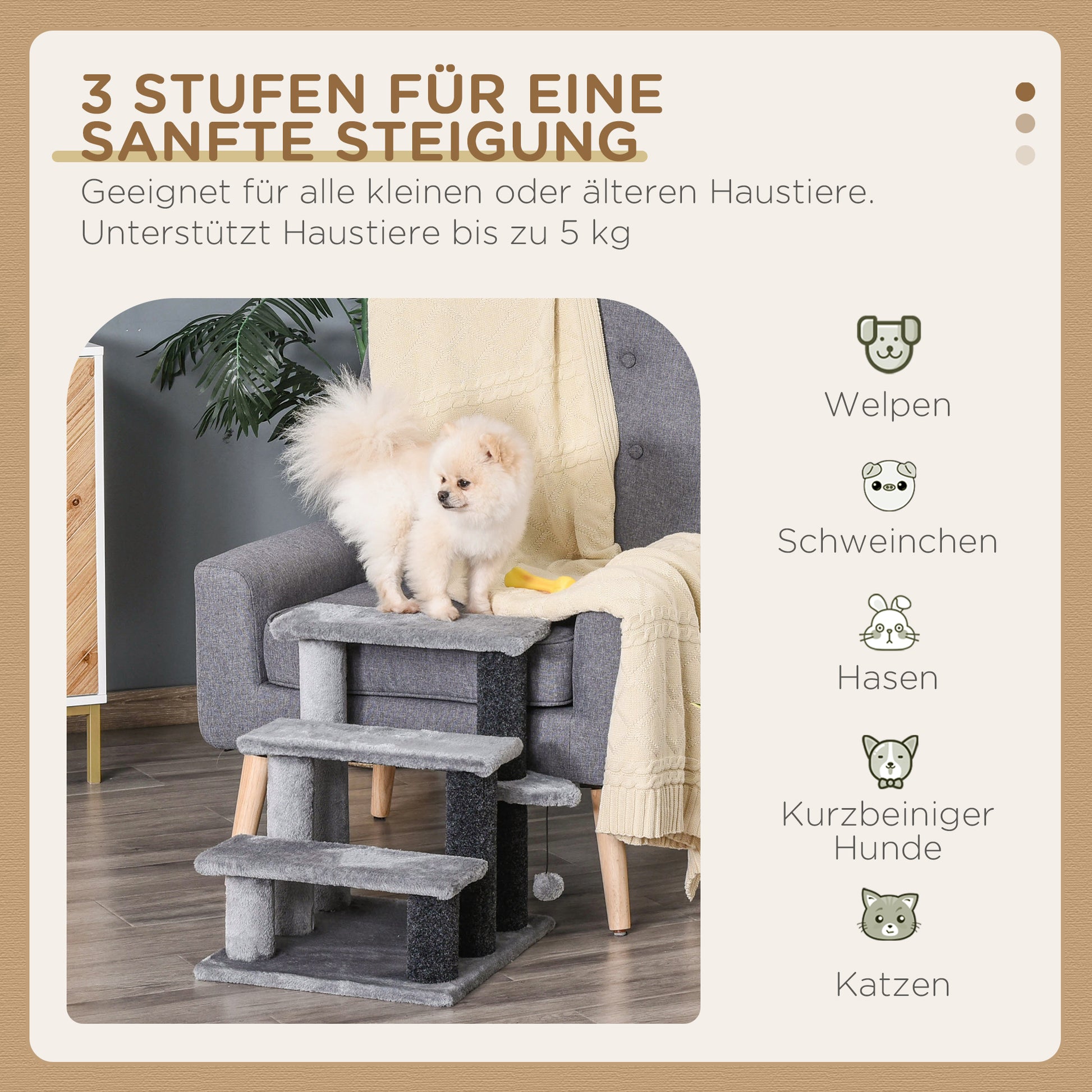 Cat Stairs 3-Step Pet Stairs with Scratching Posts Ball Dog Stairs Animal Stairs for Cats up to 5 kg Plush Jute Gray 45 x 40 x 48 cm
