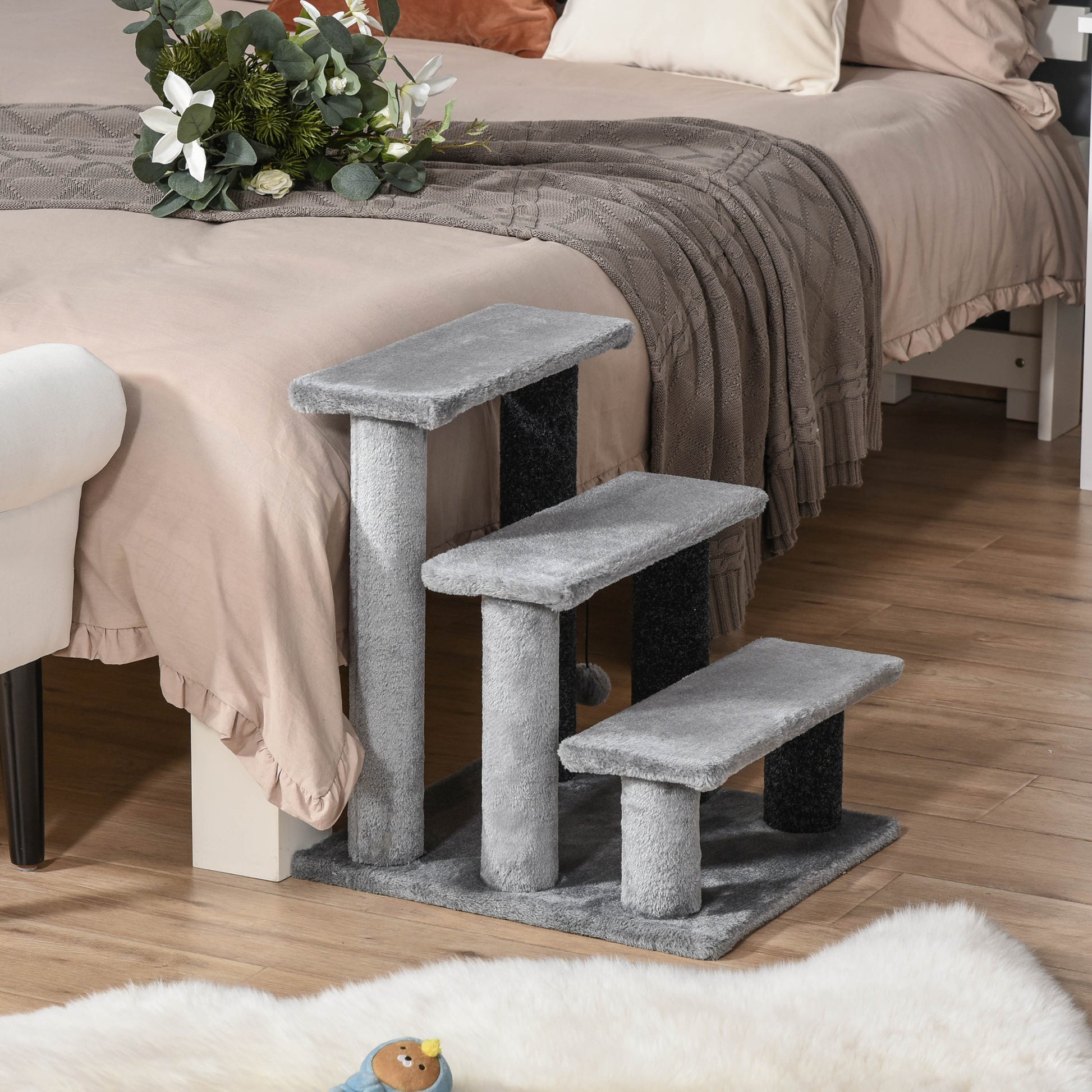 Cat Stairs 3-Step Pet Stairs with Scratching Posts Ball Dog Stairs Animal Stairs for Cats up to 5 kg Plush Jute Gray 45 x 40 x 48 cm