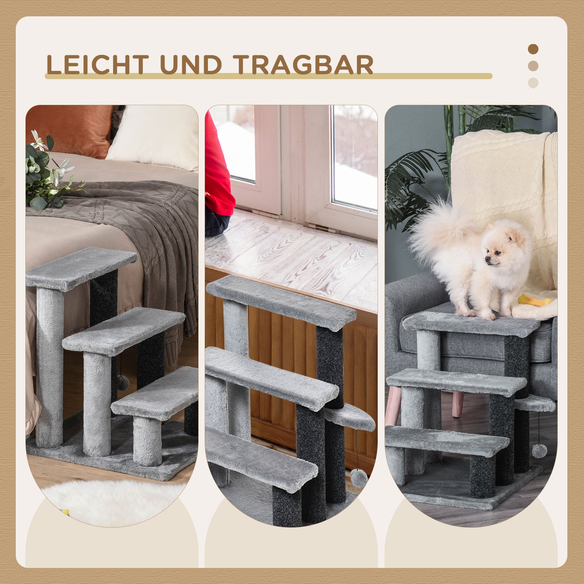 Cat Stairs 3-Step Pet Stairs with Scratching Posts Ball Dog Stairs Animal Stairs for Cats up to 5 kg Plush Jute Gray 45 x 40 x 48 cm