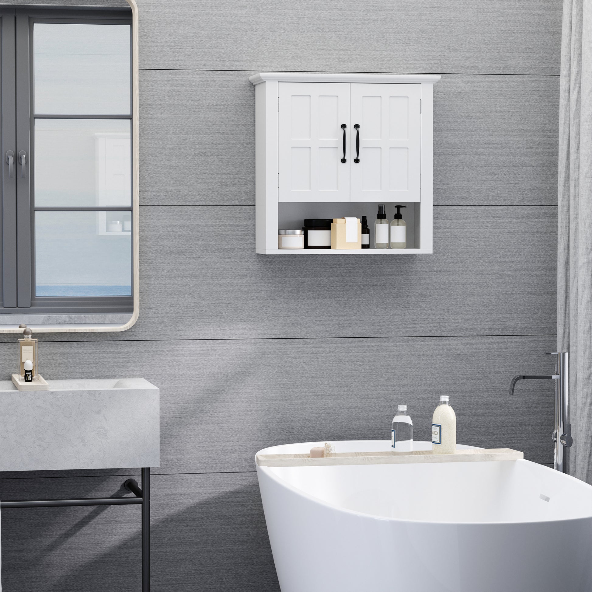 Wall Cabinet for Bathroom Wall-Mounted Bathroom Cabinet with 2 Doors and Adjustable Shelf and Open Storage for Toilet Bedroom Shower 60x19.8x58 cm White