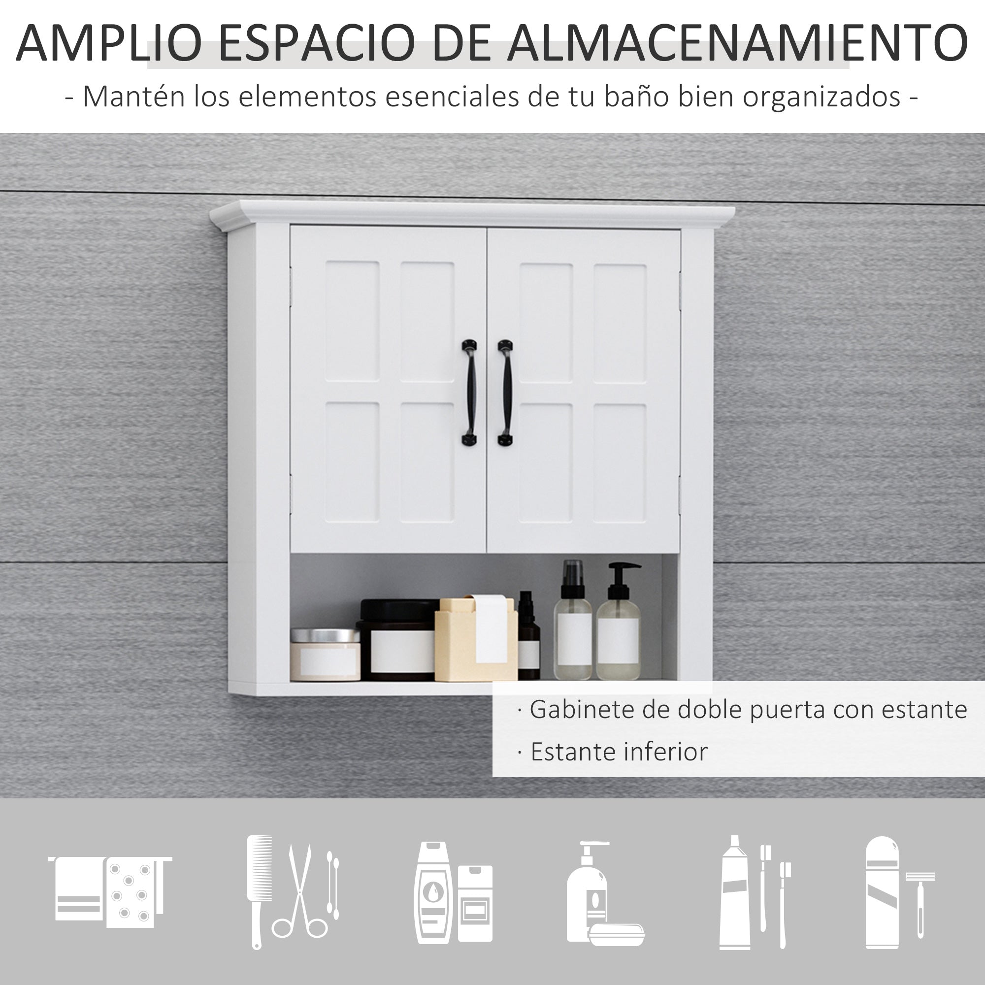 Wall Cabinet for Bathroom Wall-Mounted Bathroom Cabinet with 2 Doors and Adjustable Shelf and Open Storage for Toilet Bedroom Shower 60x19.8x58 cm White
