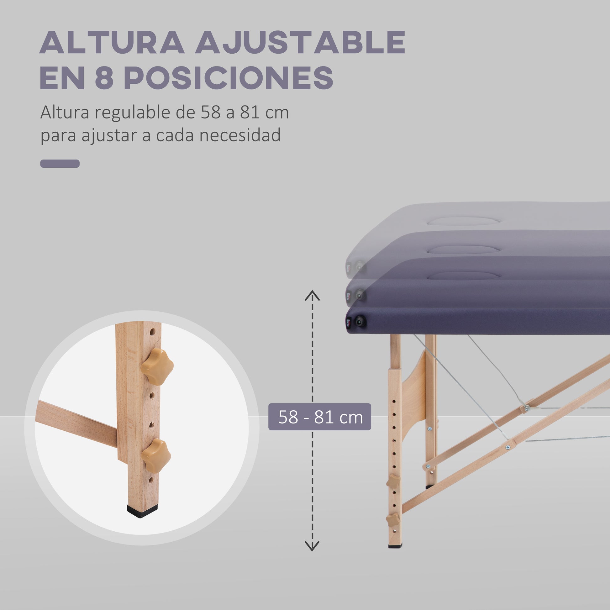 Folding Massage Table Portable Massage Bed with Headrest Beech Wood Frame Physiotherapy Table with Adjustable Height and Carrying Bag 186x60x58-81 cm Purple