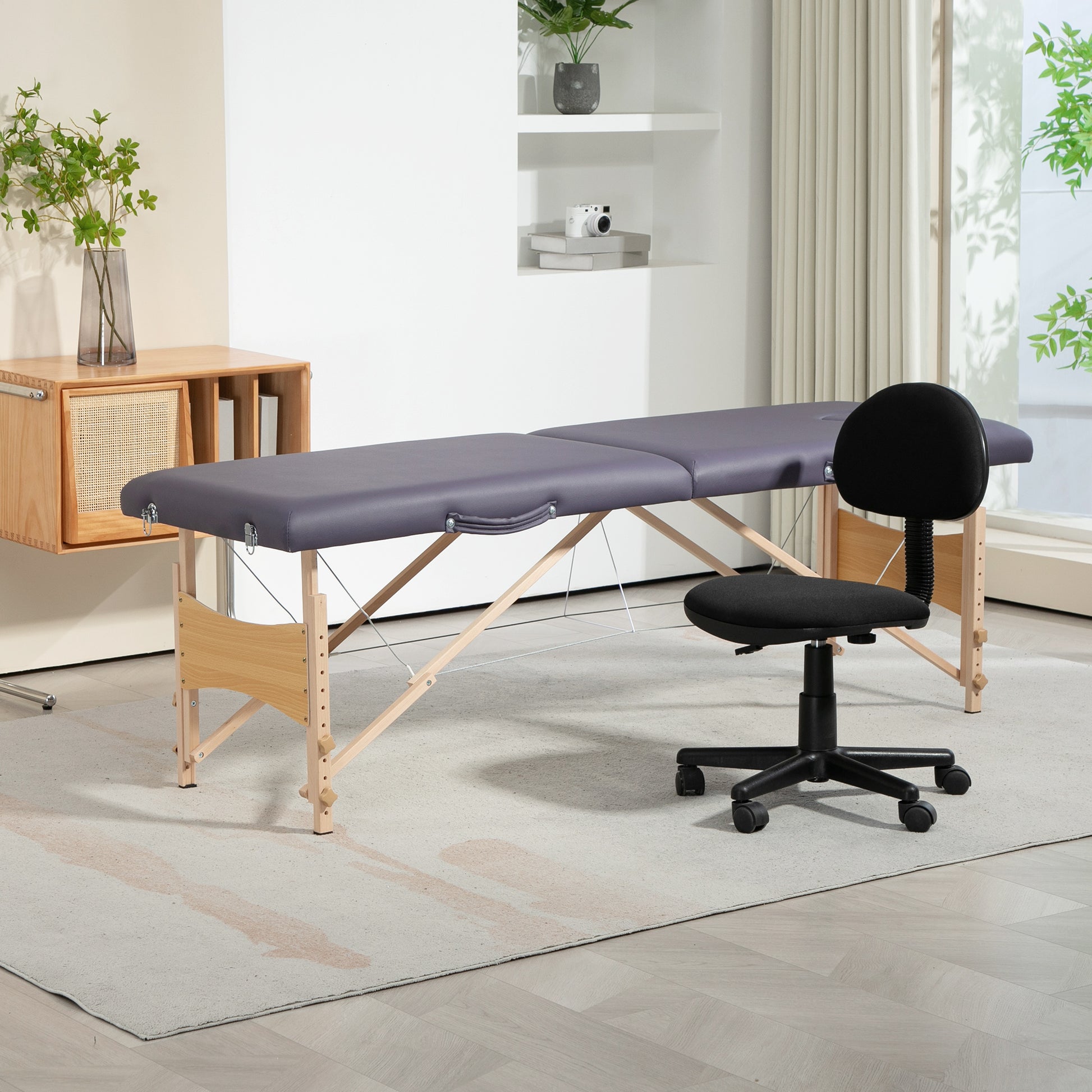 Folding Massage Table Portable Massage Bed with Headrest Beech Wood Frame Physiotherapy Table with Adjustable Height and Carrying Bag 186x60x58-81 cm Purple