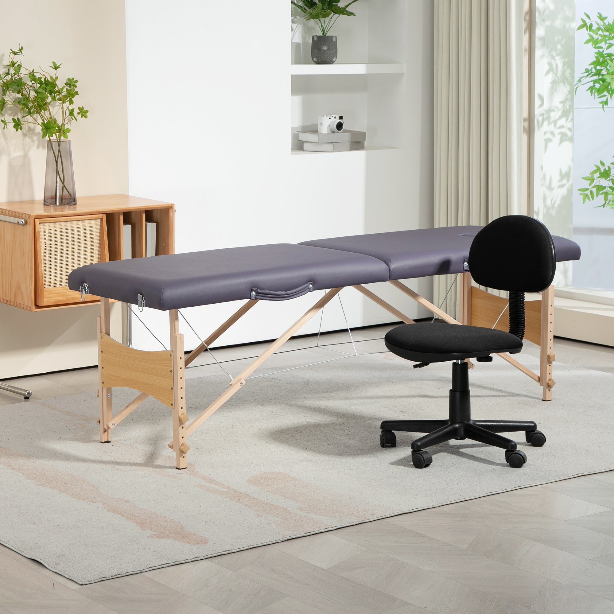 Folding Massage Table Portable Massage Bed with Headrest Beech Wood Frame Physiotherapy Table with Adjustable Height and Carrying Bag 186x60x58-81 cm Purple